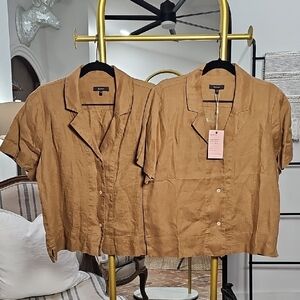 2 For 1 Quince Linen Cropped Button-Front Top – Camel | Sizes M | NWT